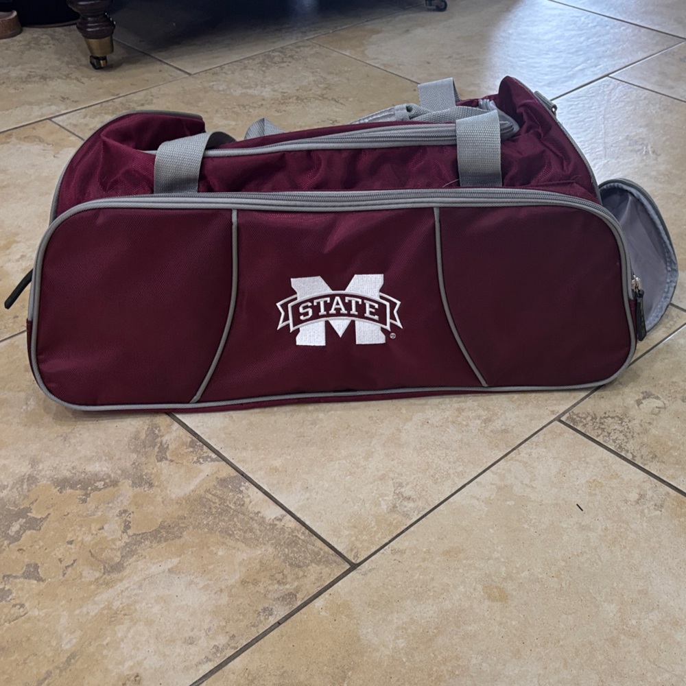 Logo Athletic Burgundy Duffel Bag with Gray Trim